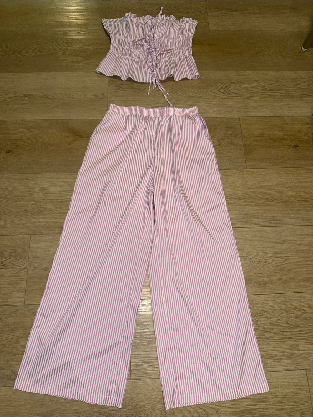 Pink & White Striped Two-Piece Set - Crop Top & Wide Leg Pants